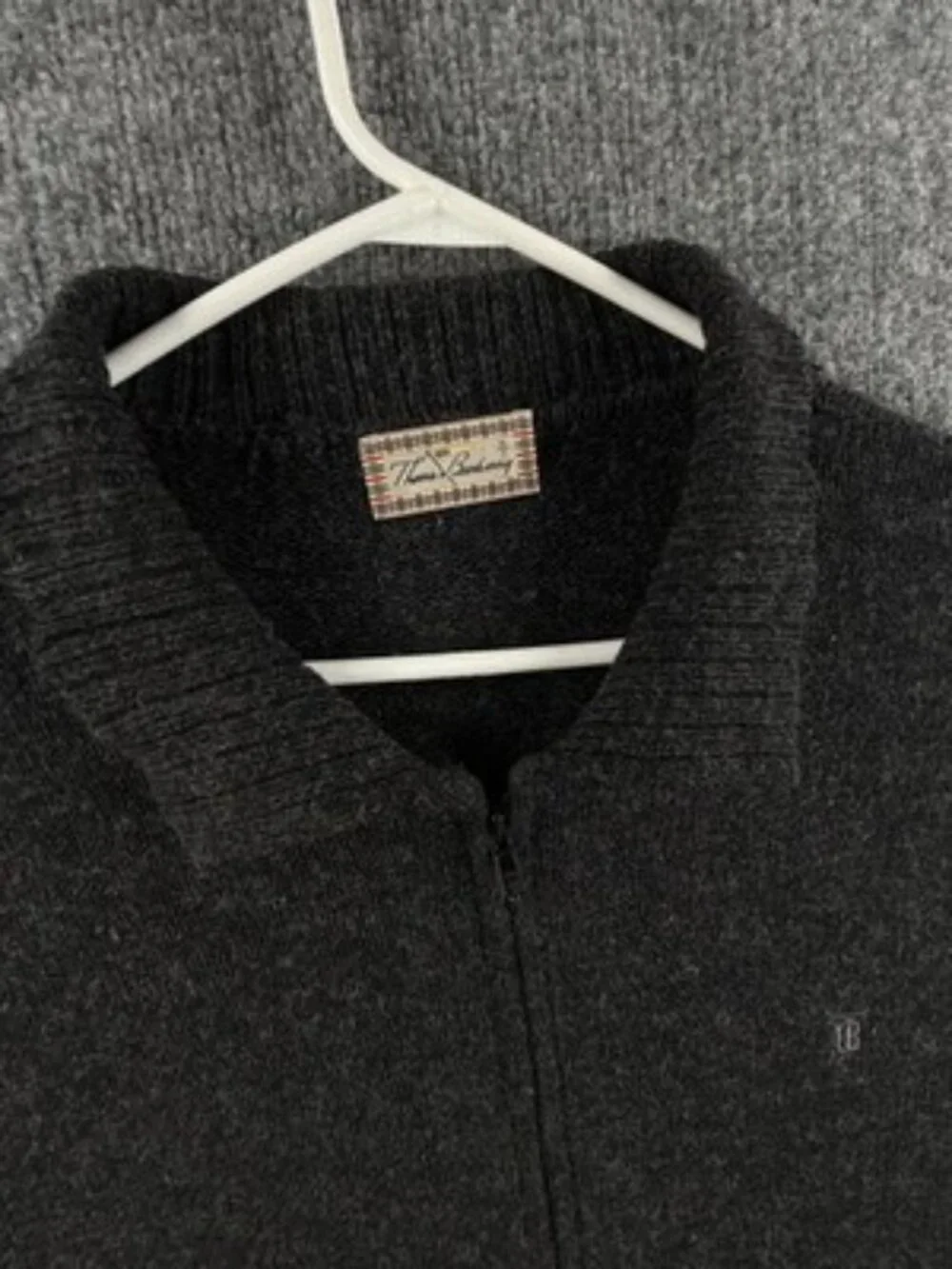 Thomas Burberry Shetland Wool Collared Long Sleeve Dark Gray Full Zip Logo Men